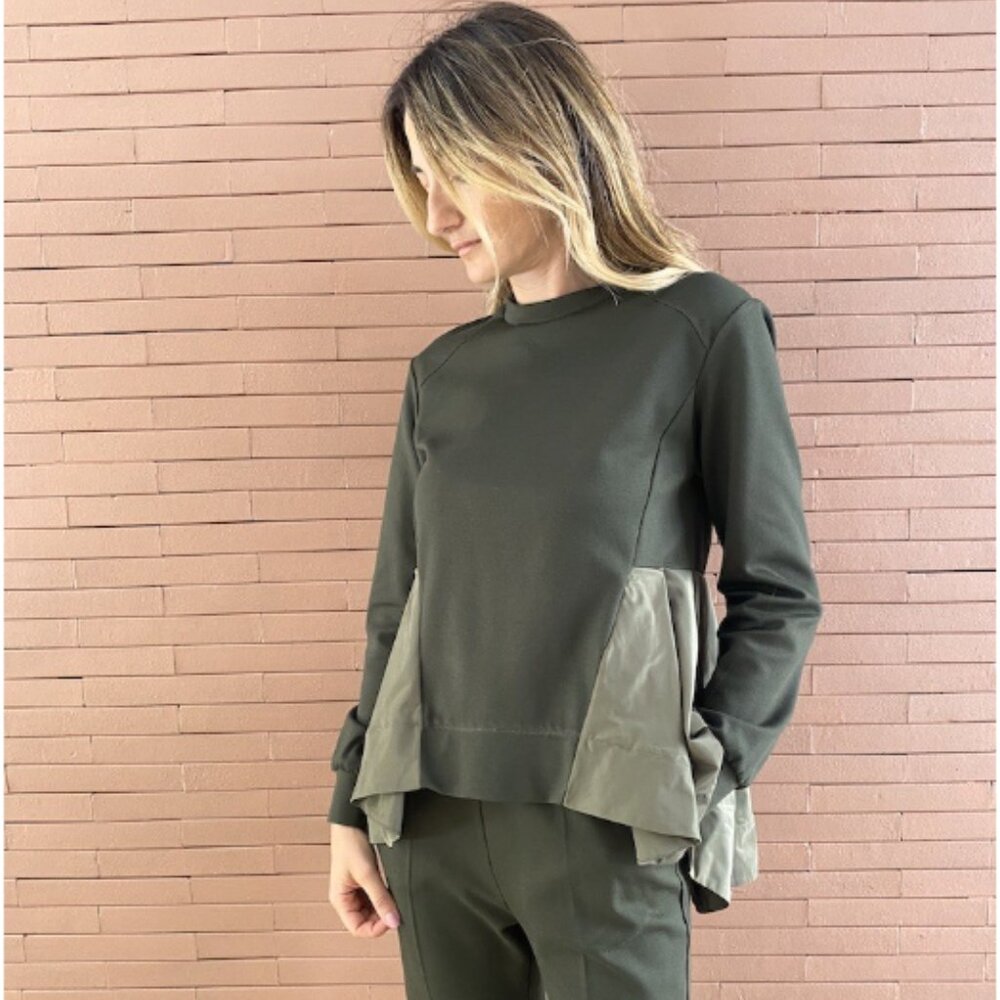 MeiMeiJ Taffeta Ruffle Sweatshirt Olive Green Peplum Size 36/4 NWT